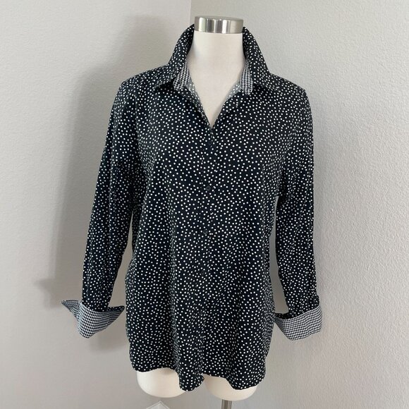 Chaps Womens XL No Iron Black White Polka Dot Button Up Shirt Long Sleeve Blouse - Picture 1 of 11